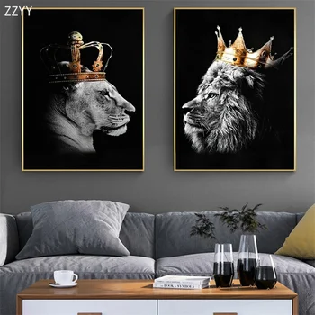 Модерен Цар Лъв с Корона Злато Разкошна Картина върху Платно, Черен, Бял Цвят на Животните на Плакат Печат на Стената на Книгата си За Изкуството да Pictrue за Офис Начало Декор