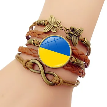 Гривни с Флага на Украйна за Жени, Бижута, Украински Национален Символ на Безкрайността, Пеперуда, Многослоен Сплетен Кожена Гривна, Подаръци