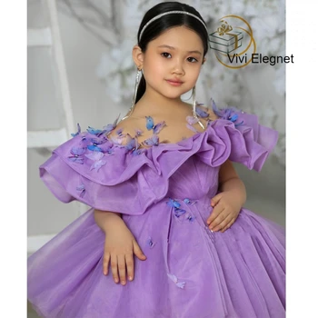 Очарователни виолетови детски рокли на 2022 година с пеперуда-един сноп, Коледна рокля от Мек тюл, Ново постъплението, без ръкави