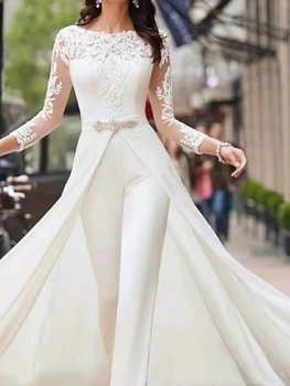 Сватбена Гащеризон Булката Сватбена Рокля 2021 Vestidos Elegantes Para Mujer Самия С Дълги Ръкави Тюлевое Сватбена Рокля С Аппликацией